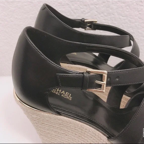 NEW Michael Kors Leather Wedge Sandals Espadrilles Black, Size 9.5 Retail $139 - Picture 9 of 13